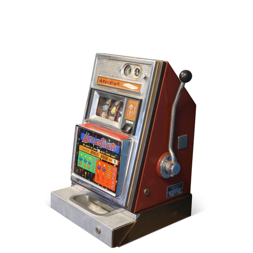 25 - AN ARISTOCRAT 'ARCADIAN' ONE ARM BANDIT SLOT MACHINE 1p slot, three reels, with ox-blood red casing,... 