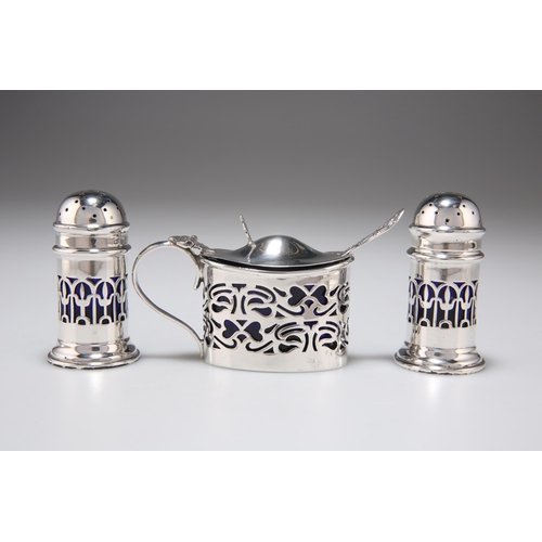 264 - A SILVER MUSTARD AND PAIR OF PEPPERS, EARLY 20TH CENTURY the Edwardian mustard by William Henry Spar... 