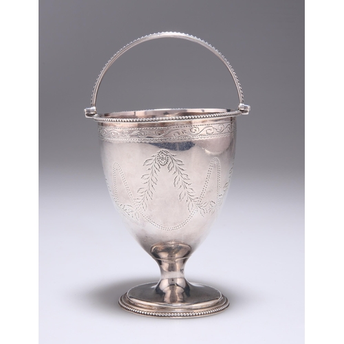 300 - A GEORGE III SILVER SUGAR BASKET by Burrage Davenport, London 1782, with swing-handle, decorated wit... 