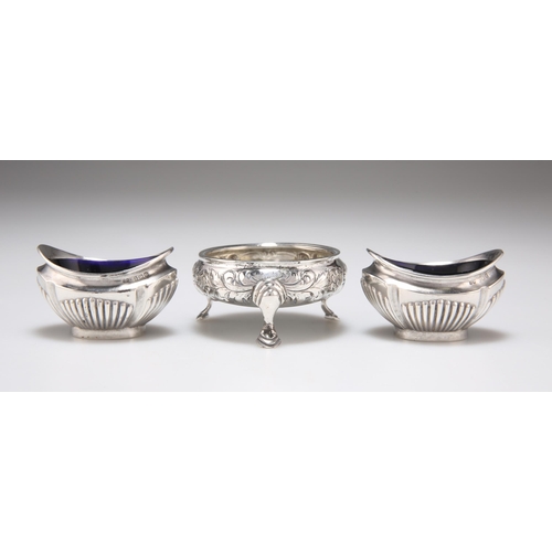 304 - A GEORGE III SILVER SALT AND A PAIR OF GEORGE V SILVER SALTS the George III salt by William Kersill ... 