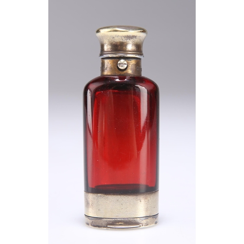 312 - A VICTORIAN SILVER GILT-MOUNTED RUBY GLASS SCENT BOTTLE AND VINAIGRETTE COMBINATION by Sampson Morda... 