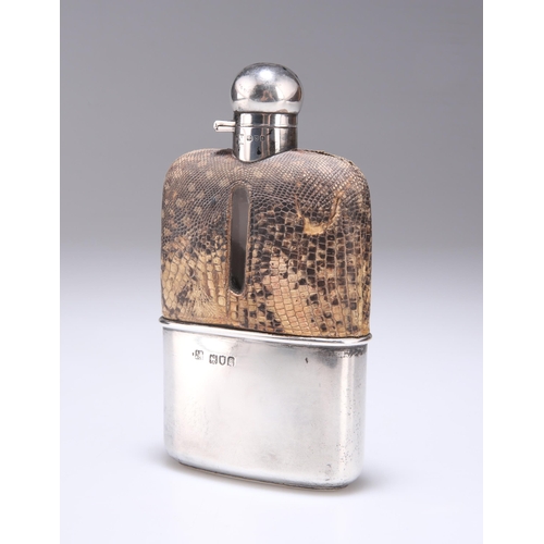 319 - A VICTORIAN SILVER AND SNAKESKIN SPIRIT FLASK by Sampson Mordan & Co, London 1896, the glass bod... 