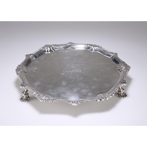 345 - A GEORGE III IRISH SILVER SALVER by William Thompson, Dublin, c.1796, circular form, with gadrooned ... 