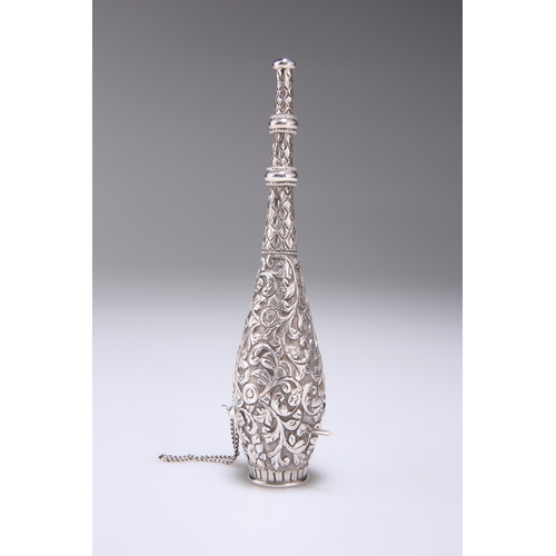 357 - A FINE 19TH CENTURY INDIAN SILVER POSY HOLDER chased with scrolling foliage. 13.8cm long, 2.2 troy o... 