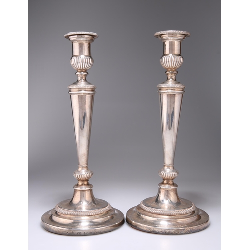 378 - A PAIR OF GEORGE III SILVER CANDLESTICKS by Matthew Boulton, Birmingham 1804, each of tapering cylin... 