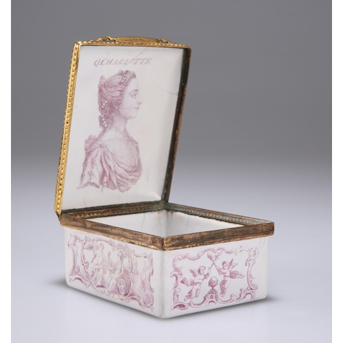 391 - A RARE BATTERSEA ENAMEL BOX, CIRCA 1761 commemorating the marriage of George III and Queen Charlotte... 