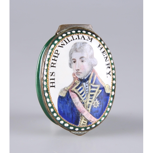 397 - A RARE BILSTON ENAMEL PATCH BOX, CIRCA 1780-90 oval, the hinged cover painted with a portrait of 'HI... 