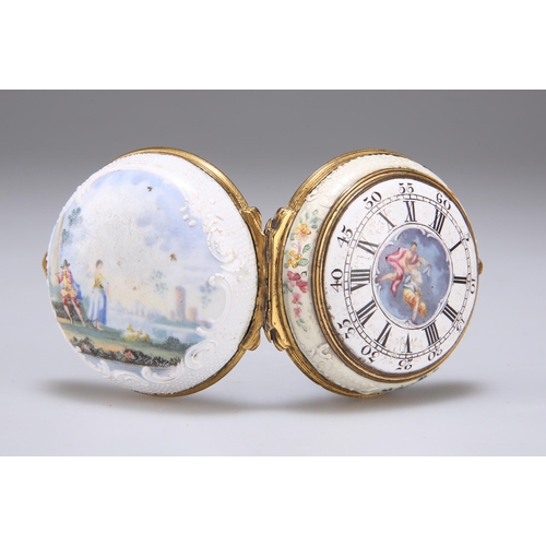 398 - A BILSTON ENAMEL TOY WATCH BOX (FAUX MONTRE), CIRCA 1760-1770 the dial with painted numerals, the fr... 