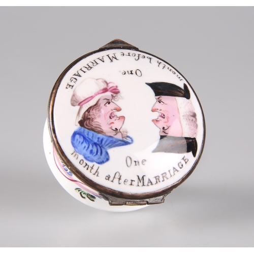 399 - A RARE BILSTON 'BEFORE AND AFTER' ENAMEL PATCH BOX, CIRCA 1770 the lid with a hand-painted depiction... 