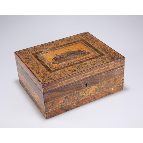 41 - A VICTORIAN TUNBRIDGE WARE SEWING BOX with typical geometric inlay, the fitted interior with compart... 