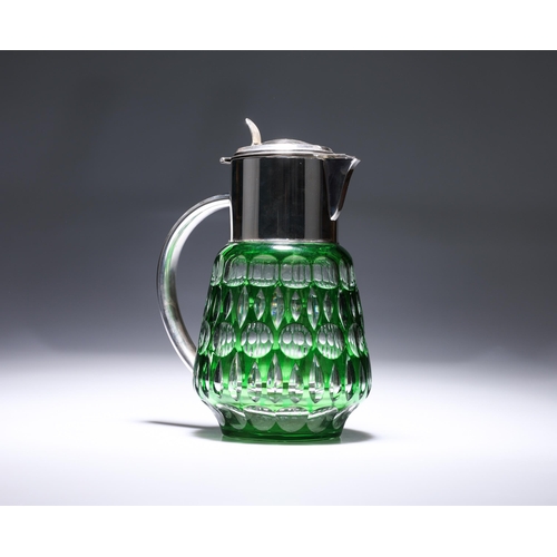 43 - A SILVER PLATE-MOUNTED CASED GLASS LEMONADE JUG, CIRCA 1900 the glass body with green overlay cut-th... 