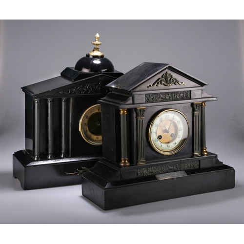 49 - TWO POLISHED SLATE MANTEL CLOCKS, LATE 19TH/EARLY 20TH CENTURY each with architectural case and two-... 