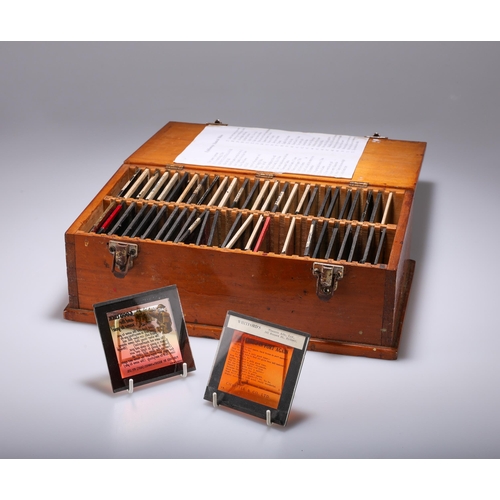 53 - A COLLECTION OF EPIDIASCOPE GLASS SLIDES musical theme, in a wooden box. (52 slides) Box 32.5cm wide... 