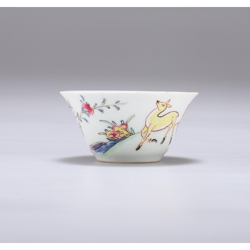 56 - AN 18TH CENTURY CHINESE PORCELAIN TEA BOWL enamel painted in the Famille Rose palette with deer, a m... 