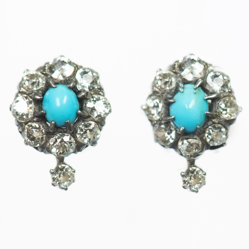 57 - A PAIR OF DIAMOND AND TURQUOISE CLUSTER EARRINGS oval turquoise within borders of old-cut diamonds, ... 