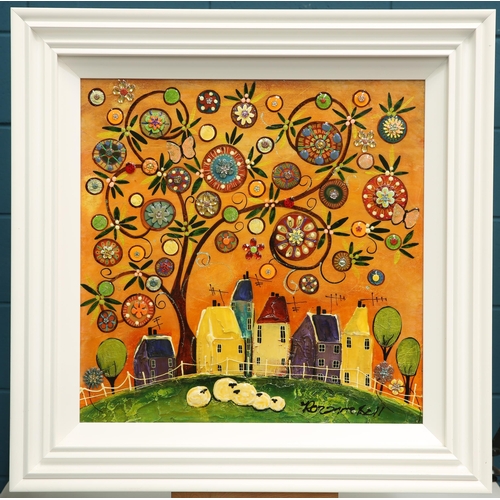 573 - ‡ ROZANNE BELL (ZIMBABWEAN B.1962) VILLAGE VIEW WITH TREE AND SHEEP Signed
Mixed media(60cm x 60cm)... 