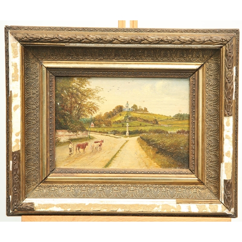 584 - 19TH CENTURY ENGLISH SCHOOL AT THE CROSSROADS Oil on board(13cm x 19cm)