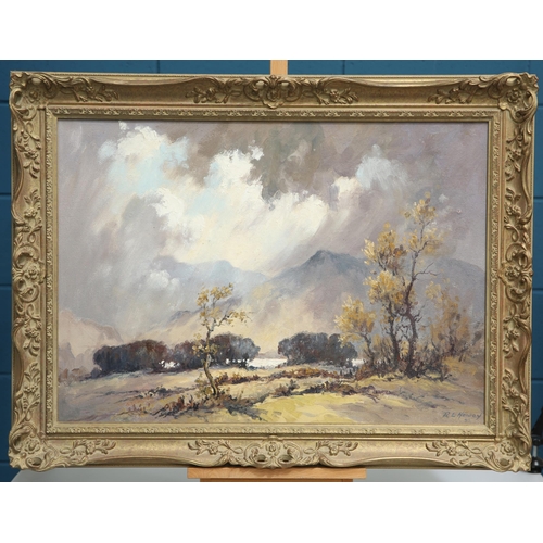 587 - ‡ ROBERT LESLIE HOWEY (1900-1981) MOUNTAIN LANDSCAPE Signed
Oil on canvas board(49cm x 69cm)... 