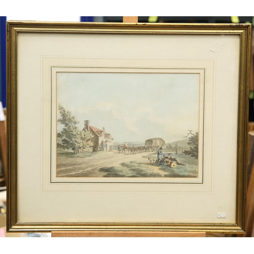 596 - PETER LE CAVE (1769-1811) A MULE CART AND RIDERS IN A VILLAGE Watercolour
Provenance: Purchased at A... 