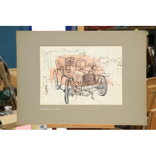 611 - MARY BURGOYNE (NÉE TAYLOR) (20TH CENTURY) FIVE INK DRAWINGS OF EARLY 20TH CENTURY CARS Bentley 1928,... 