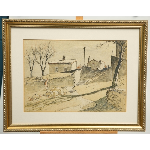 638 - LATE 19TH/EARLY 20TH CENTURY ENGLISH SCHOOL A WALK BY THE VILLAGE Indistinctly signed
Watercolour(27... 