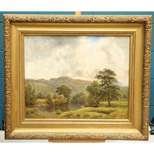 683 - THOMAS SMYTHE (1825-1906) RIVER LANDSCAPE WITH CATTLE monogrammed
Oil on canvas(42cm x 52cm)... 