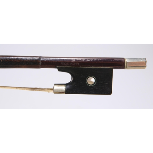 692 - A GERMAN VIOLIN BOW, 20TH CENTURY bears stamped mark 'TOURTE', a copy, with octagonal stick and thum... 