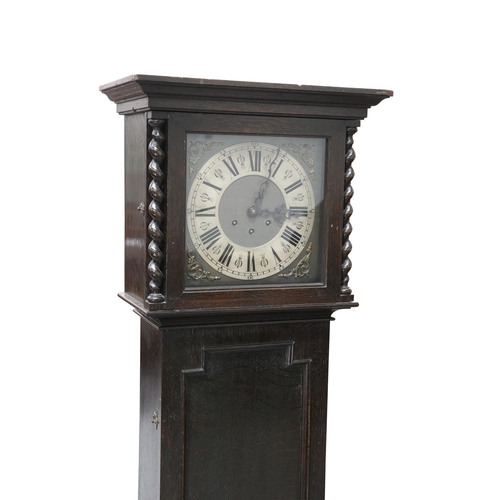 716 - A 1920S OAK THREE-TRAIN LONGCASE CLOCK the 9¾-inch square brass dial with silvered Roman chapter, th... 