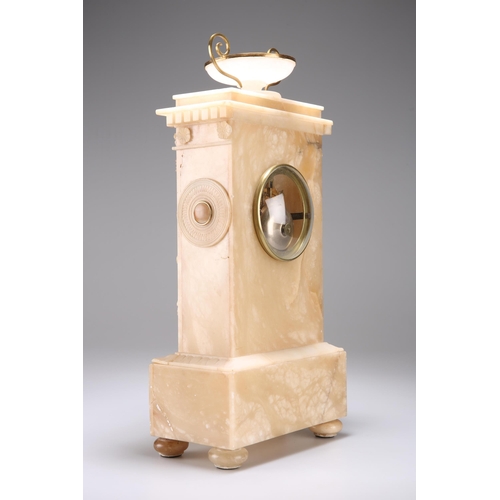 723 - A FRENCH ALABASTER MANTEL CLOCK, 19TH CENTURY the architectural case surmounted by a two-handled urn... 