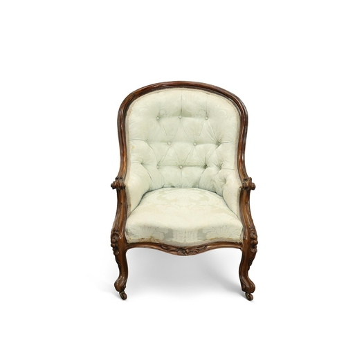 738 - A VICTORIAN ROSEWOOD AND UPHOLSTERED SALON CHAIR, CIRCA 1870 with button-back, scroll-carved knuckle... 