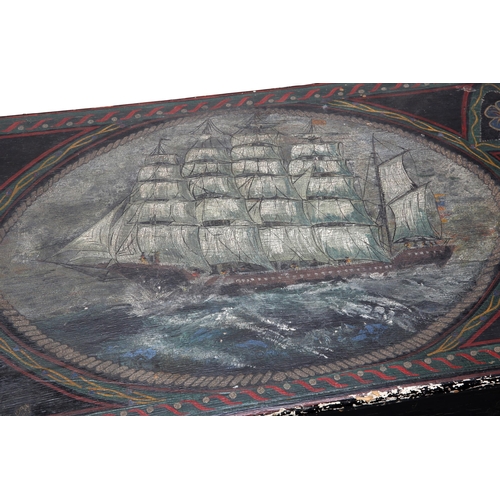 810 - A PAINTED PINE BLANKET BOX the hinged lid painted with a ship in full sail, the front painted THE HM... 