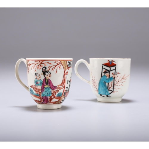 82 - TWO WORCESTER POLYCHROME COFFEE CUPS comprising a 'Mandarin Wise Man and Butterfly' pattern coffee c... 