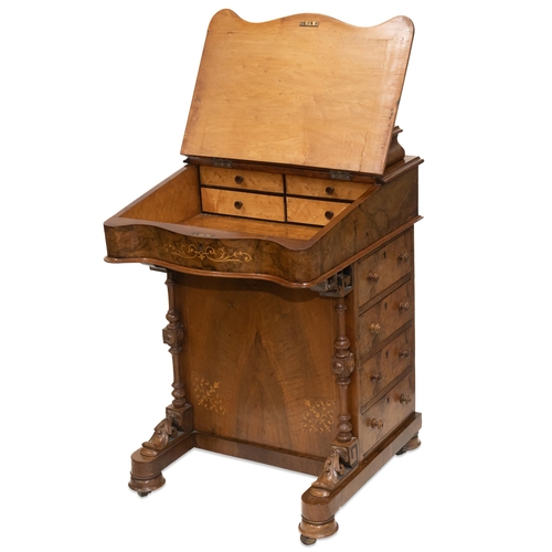 855 - A VICTORIAN BURR WALNUT DAVENPORT, CIRCA 1870 with gilt tooled leather-inset writing surface, fitted... 