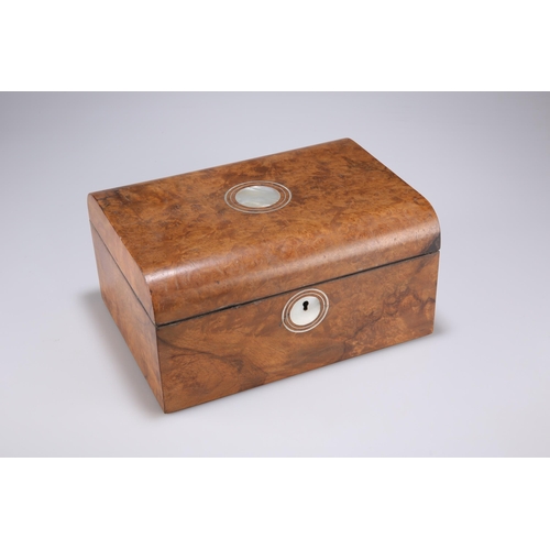 876 - A VICTORIAN BURR WALNUT SEWING BOX the fitted interior filled with buttons and other accessories. 27... 