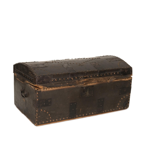 879 - A 19TH CENTURY BRASS-STUDDED LEATHER DOME-TOP BOX with carrying handles. 57cm wide overall