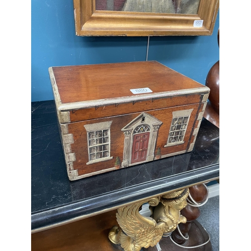 880 - A PAINTED MAHOGANY COTTAGE BOX painted to the front and sides with the facade of a house. 29.5cm wid... 