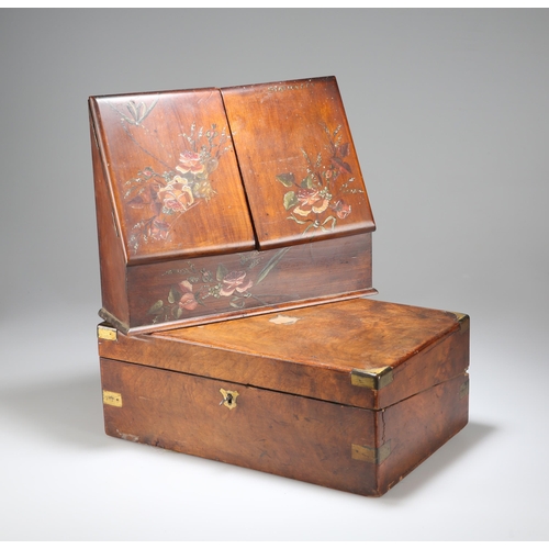 883 - A LATE VICTORIAN PAINTED STATIONERY BOX AND A VICTORIAN BRASS-MOUNTED WALNUT WRITING SLOPE the stati... 