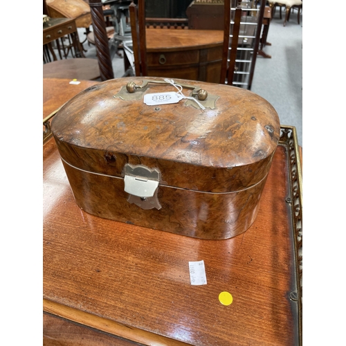 885 - A VICTORIAN BURR WALNUT JEWELLERY BOX cushion-shaped, with silk lined interior. 26cm wide