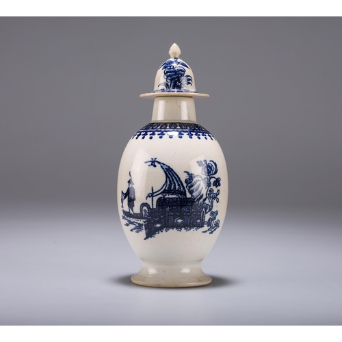 91 - A SETH PENNINGTON (LIVERPOOL) TEA CANISTER blue and white 'Fisherman and the Cormorant' pattern, cir... 