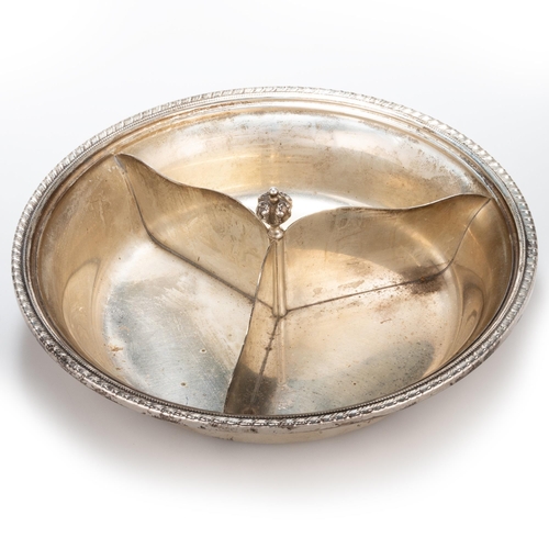 187 - AN AMERICAN STERLING SILVER TRIPARTITE DISH by Redlich & Company, circular, with gadrooned rim. ... 