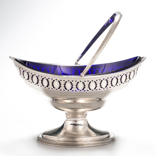 197 - A GEORGE III SILVER SWING-HANDLE SUGAR BASKET by Hester Bateman, London 1790, pointed oval form with... 
