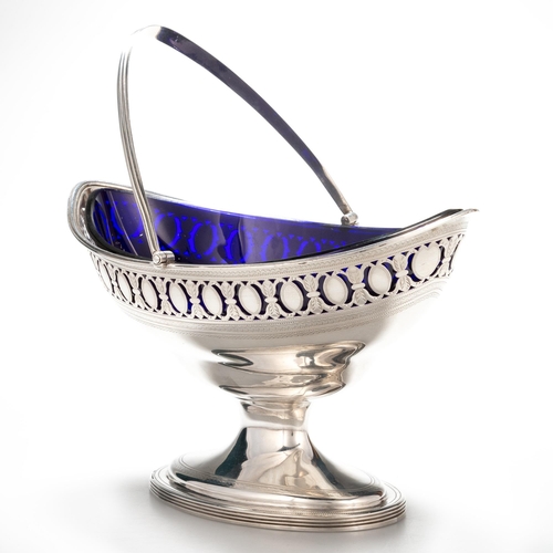 197 - A GEORGE III SILVER SWING-HANDLE SUGAR BASKET by Hester Bateman, London 1790, pointed oval form with... 
