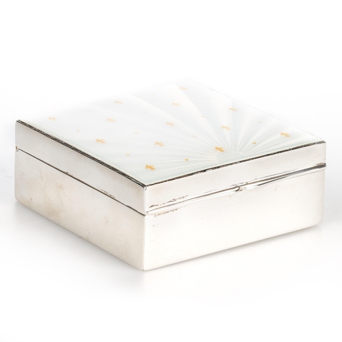 213 - AN ELIZABETH II SILVER AND ENAMEL CIGARETTE BOX by Albert Carter, Birmingham 1979, square, the hinge... 