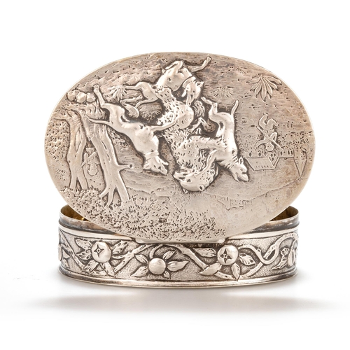 214 - A GERMAN SILVER BOX, LATE 19TH CENTURY Hanau, oval, the hinged cover chased a scene depicting a bear... 