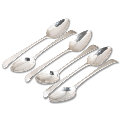 225 - SIX GEORGE III SILVER DESSERT SPOONS by Hester Bateman, London, one 1777 and five 1788, Old English ... 