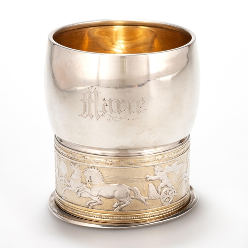 237 - AN AMERICAN STERLING SILVER-GILT MUG by Gorham, the bulbous upper bowl above a collar chased with ch... 