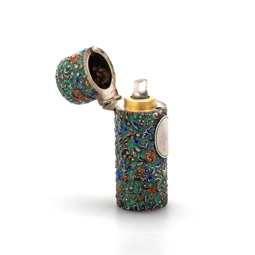 293 - A VICTORIAN SILVER AND ENAMEL SCENT BOTTLE by Horton & Allday, Chester 1883, the hinged cover an... 