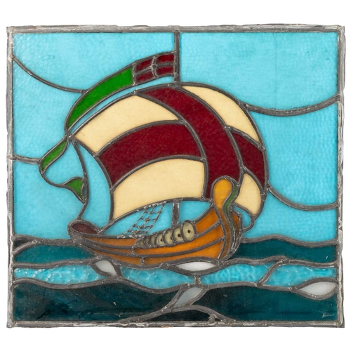 An Arts And Crafts Leaded And Stained Glass Panel Depicting A Galleon At Sea 53 5cm By 59cm Togeth