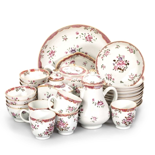 117 - A CHINESE EXPORT FAMILLE ROSE PARTIAL TEA SERVICE, 18TH CENTURY comprising a teapot, tea caddy, cove... 