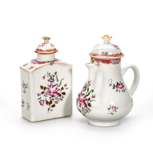 117 - A CHINESE EXPORT FAMILLE ROSE PARTIAL TEA SERVICE, 18TH CENTURY comprising a teapot, tea caddy, cove... 